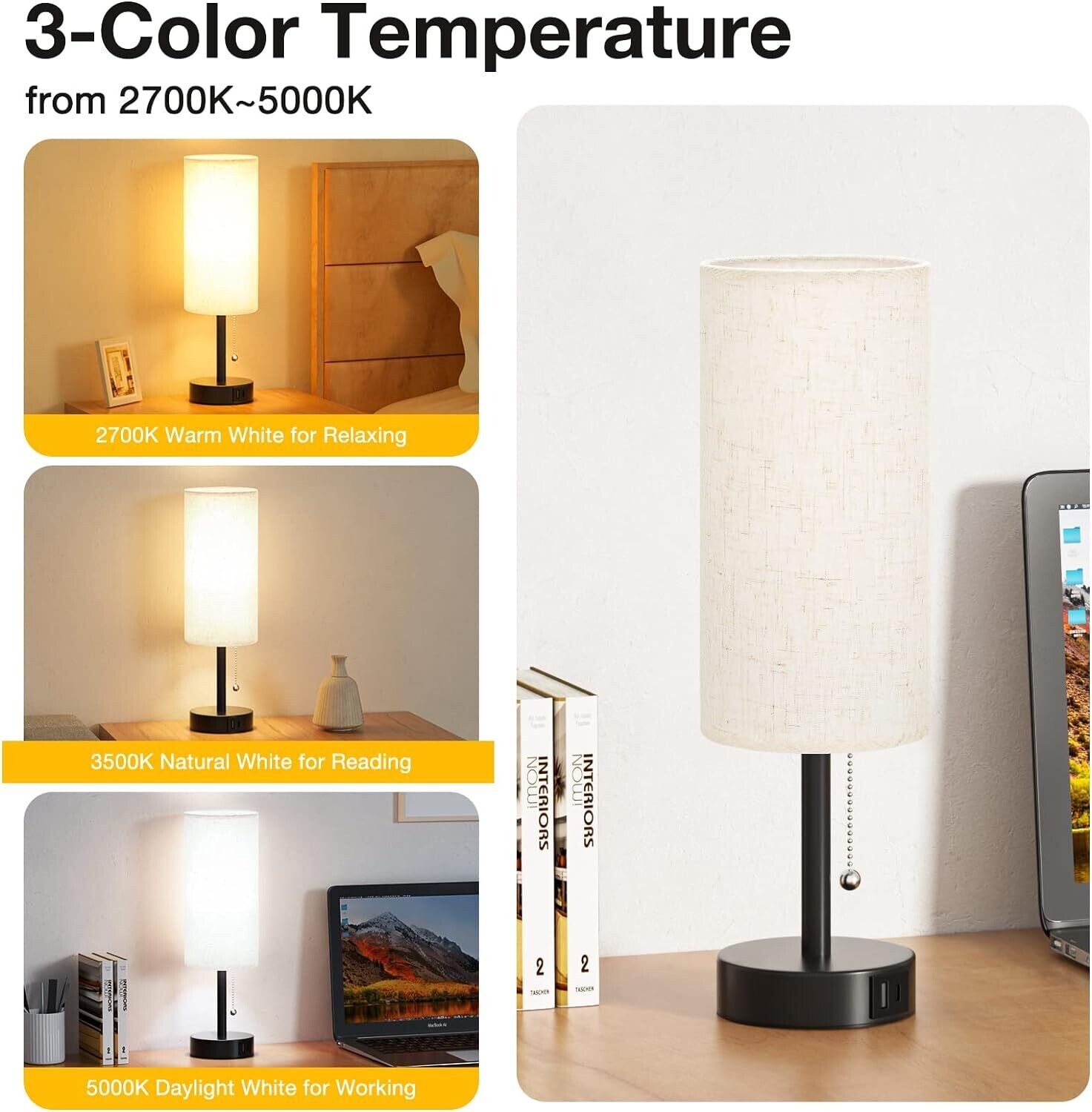 Fully Dimmable Bedside Table Lamp Set of 2 with USB C+A Charging Ports, Knob Switch, and Bulbs Included for Bedroom, Living Room, and Office Use