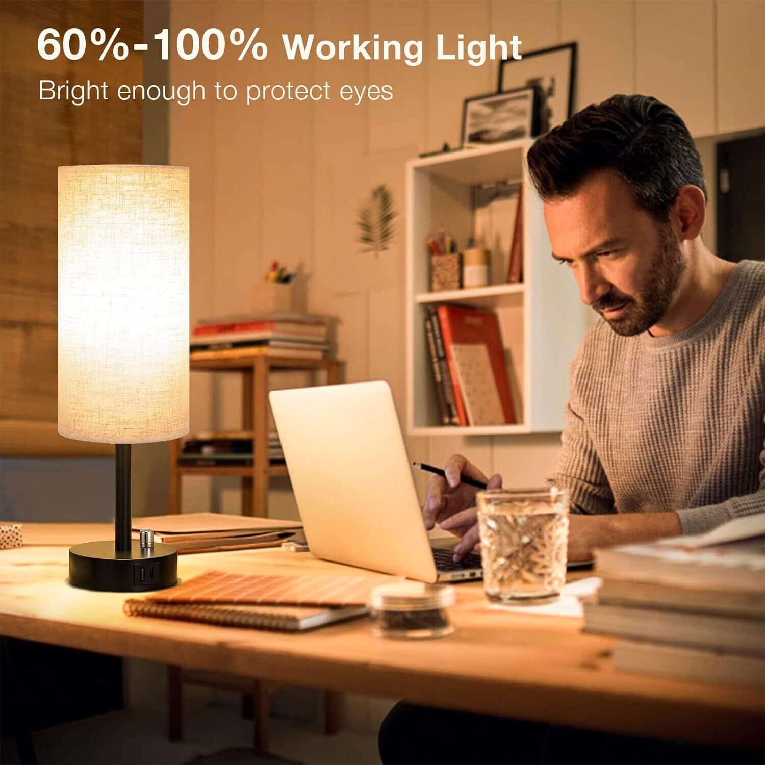 Fully Dimmable Bedside Table Lamp Set of 2 with USB C+A Charging Ports, Knob Switch, and Bulbs Included for Bedroom, Living Room, and Office Use