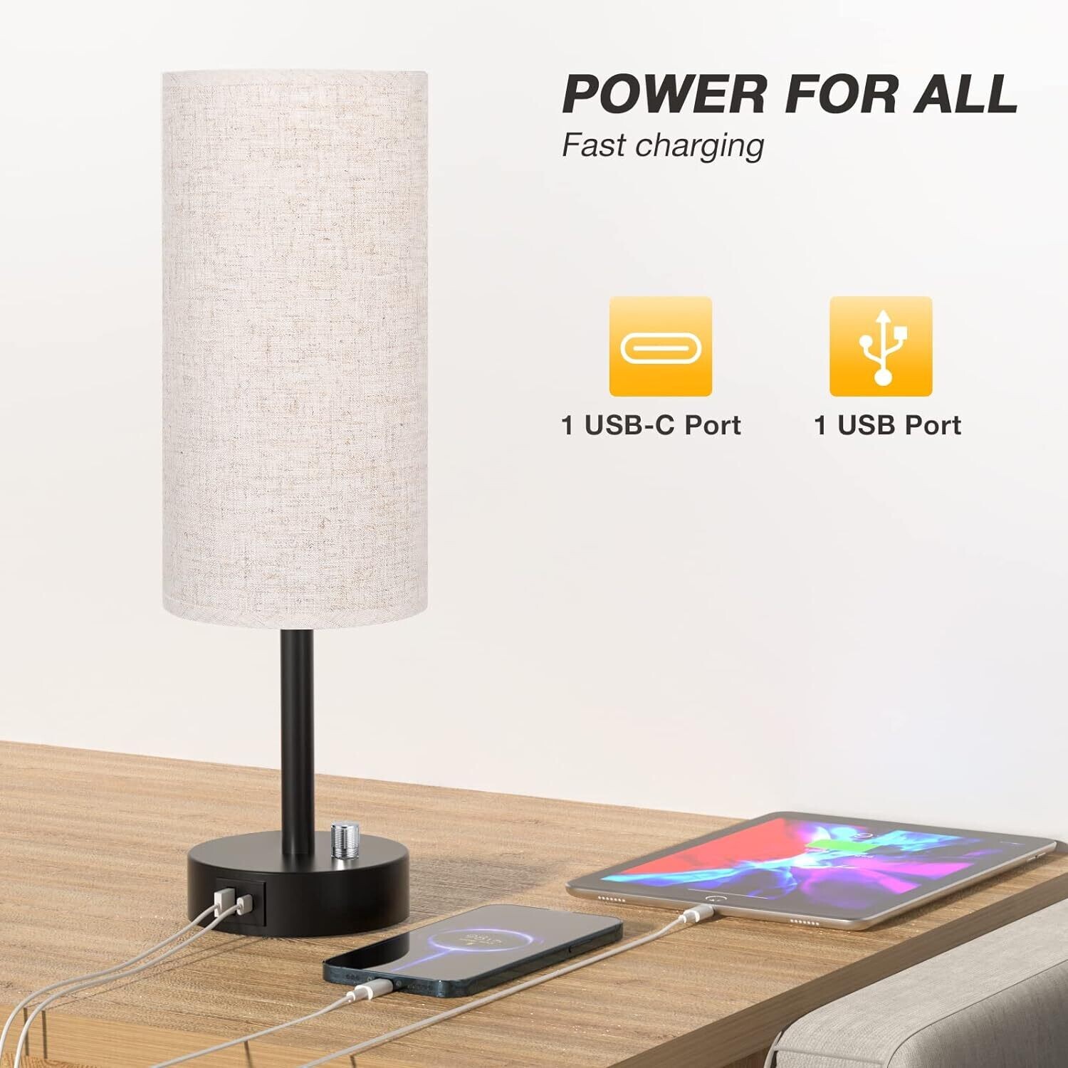 Fully Dimmable Bedside Table Lamp Set of 2 with USB C+A Charging Ports, Knob Switch, and Bulbs Included for Bedroom, Living Room, and Office Use