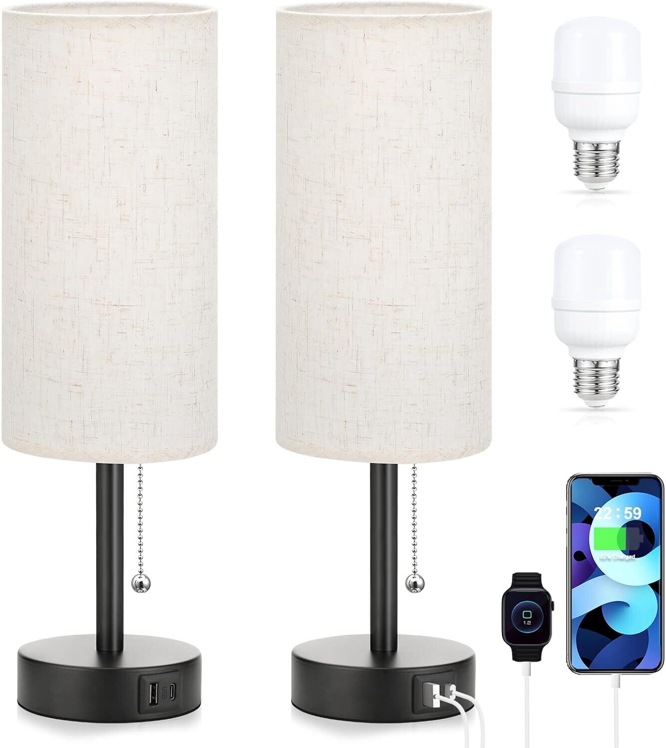 Fully Dimmable Bedside Table Lamp Set of 2 with USB C+A Charging Ports, Knob Switch, and Bulbs Included for Bedroom, Living Room, and Office Use