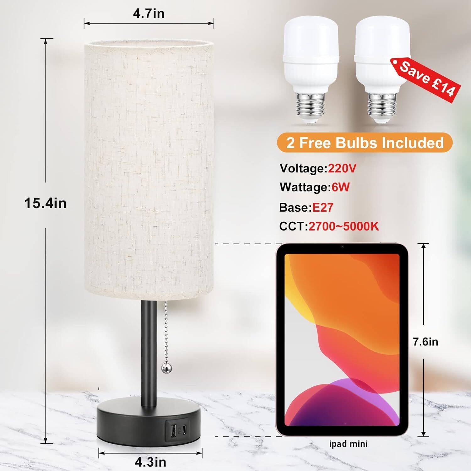 Fully Dimmable Bedside Table Lamp Set of 2 with USB C+A Charging Ports, Knob Switch, and Bulbs Included for Bedroom, Living Room, and Office Use