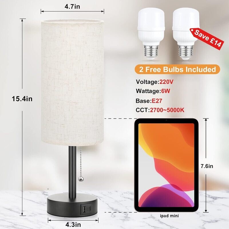 Fully Dimmable Bedside Set of 2 Table Lamp with USB C+A Charging Ports and Knob Switch, Bedroom Living Room Office (Bulbs Included)