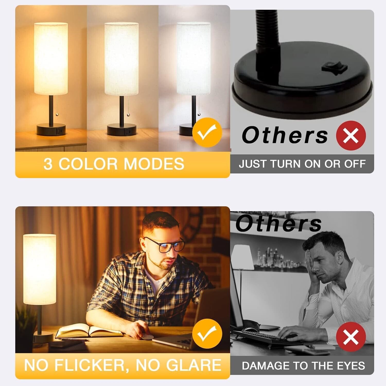 Fully Dimmable Bedside Table Lamp Set of 2 with USB C+A Charging Ports, Knob Switch, and Bulbs Included for Bedroom, Living Room, and Office Use