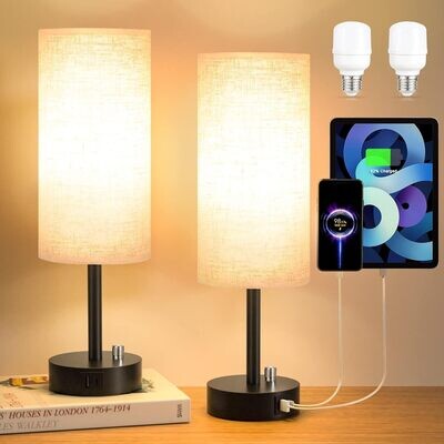 Fully Dimmable Bedside Set of 2 Table Lamp with USB C+A Charging Ports and Knob Switch, Bedroom Living Room Office (Bulbs Included)
