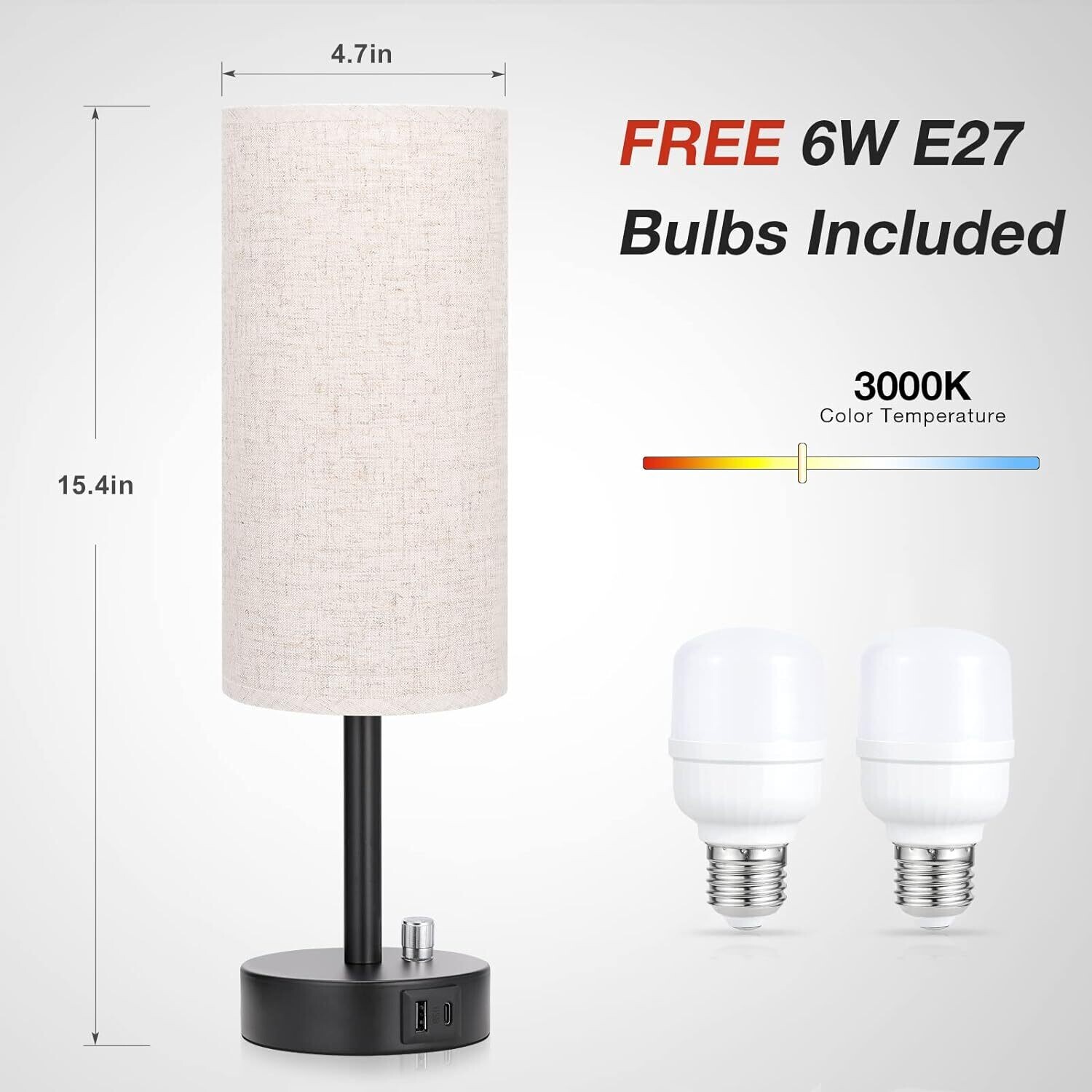 Fully Dimmable Bedside Table Lamp Set of 2 with USB C+A Charging Ports, Knob Switch, and Bulbs Included for Bedroom, Living Room, and Office Use