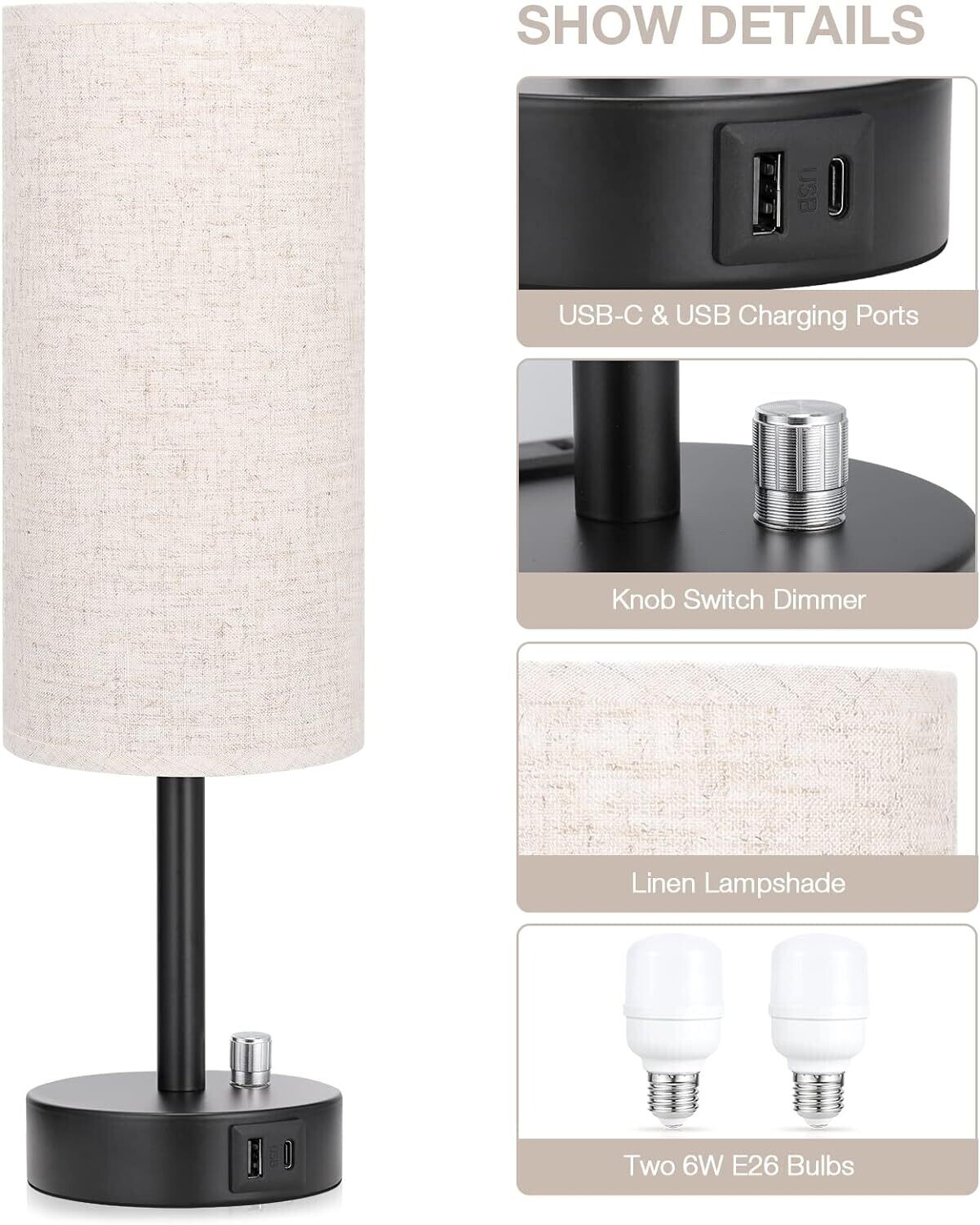 Fully Dimmable Bedside Table Lamp Set of 2 with USB C+A Charging Ports, Knob Switch, and Bulbs Included for Bedroom, Living Room, and Office Use