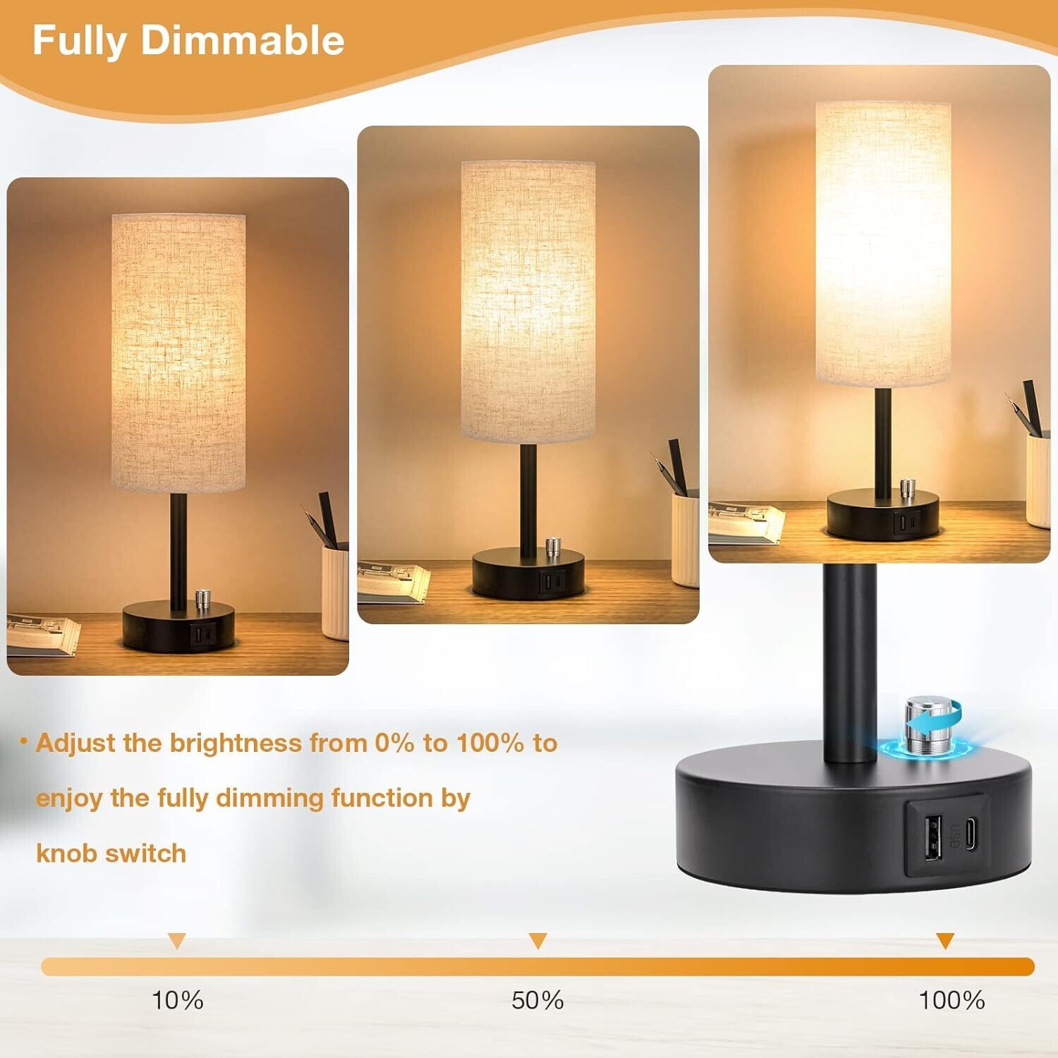 Fully Dimmable Bedside Table Lamp Set of 2 with USB C+A Charging Ports, Knob Switch, and Bulbs Included for Bedroom, Living Room, and Office Use
