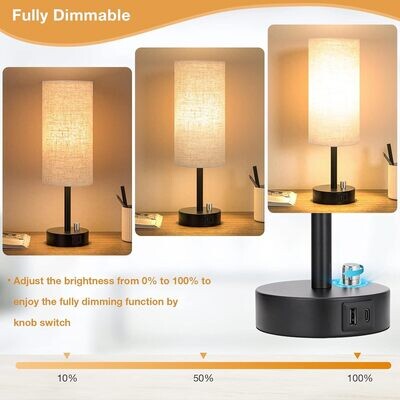 Fully Dimmable Bedside Table Lamp Set of 2 with USB C+A Charging Ports, Knob Switch, and Bulbs Included for Bedroom, Living Room, and Office Use