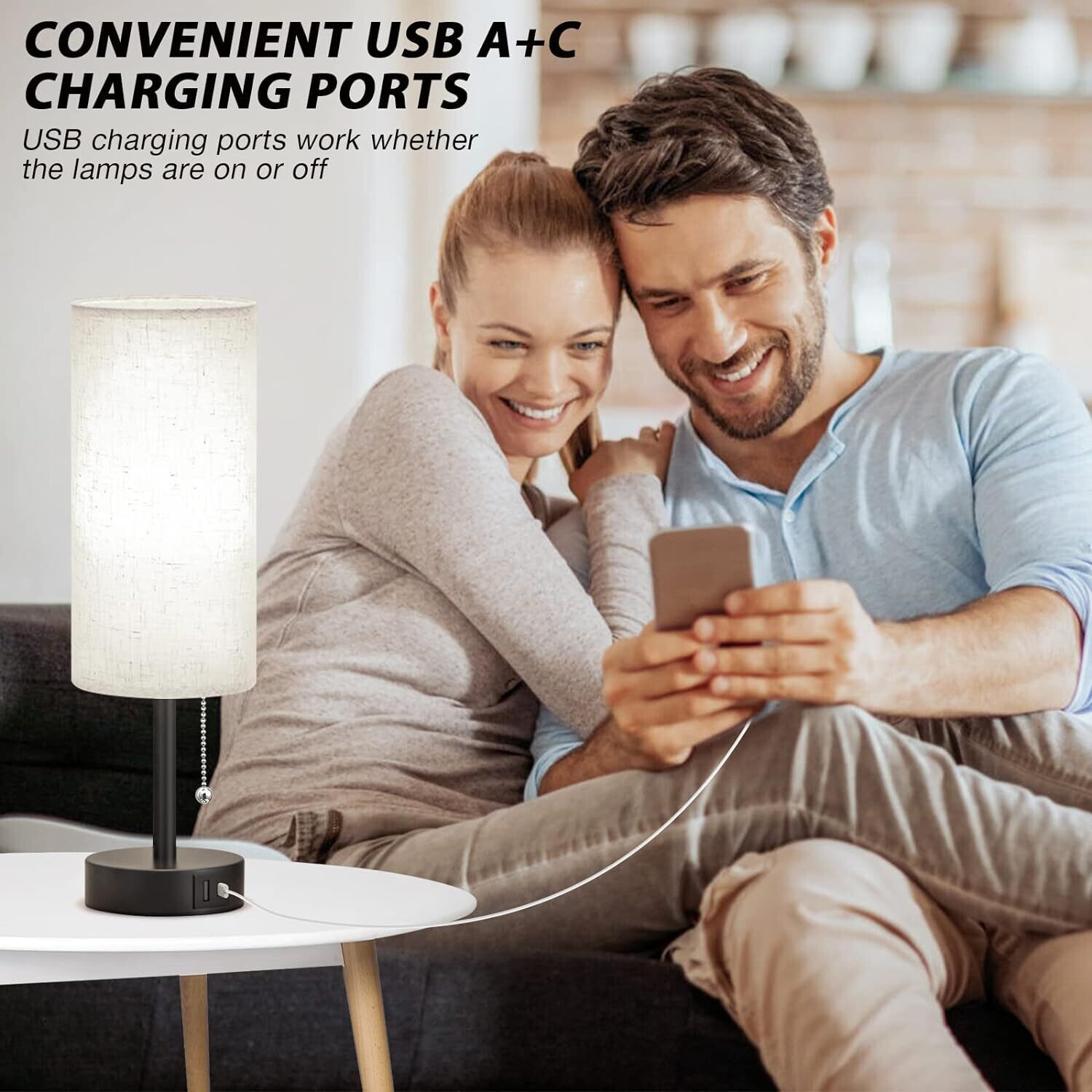Fully Dimmable Bedside Table Lamp Set of 2 with USB C+A Charging Ports, Knob Switch, and Bulbs Included for Bedroom, Living Room, and Office Use