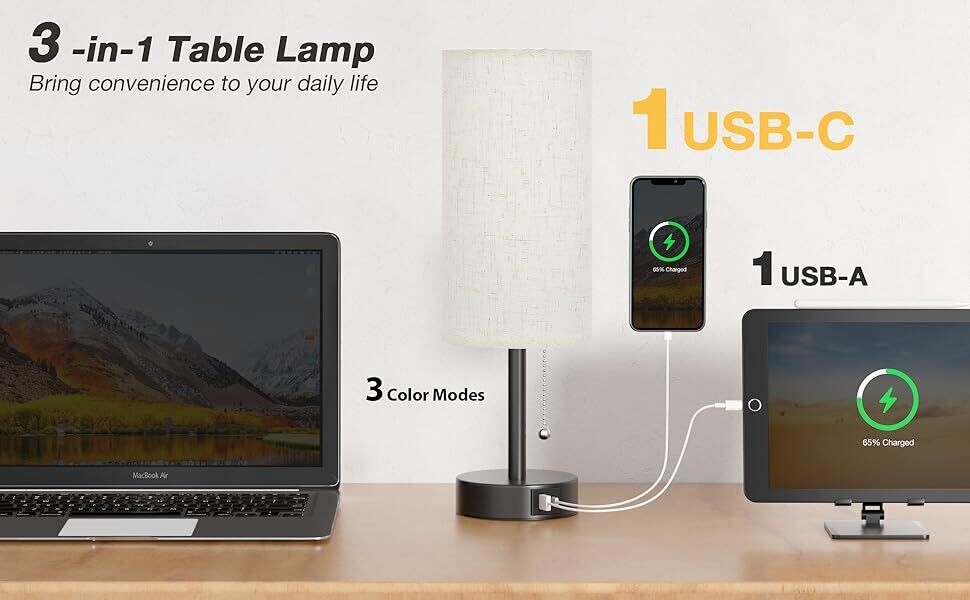 Fully Dimmable Bedside Table Lamp Set of 2 with USB C+A Charging Ports, Knob Switch, and Bulbs Included for Bedroom, Living Room, and Office Use