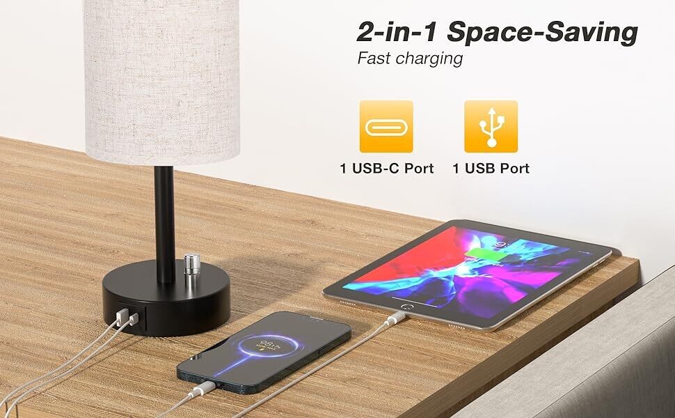 Fully Dimmable Bedside Table Lamp Set of 2 with USB C+A Charging Ports, Knob Switch, and Bulbs Included for Bedroom, Living Room, and Office Use