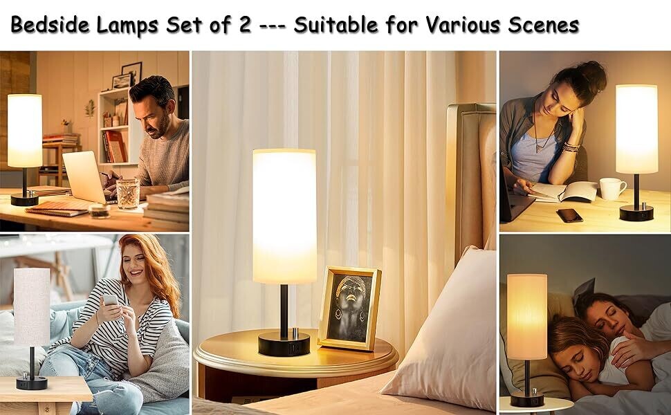 Fully Dimmable Bedside Table Lamp Set of 2 with USB C+A Charging Ports, Knob Switch, and Bulbs Included for Bedroom, Living Room, and Office Use