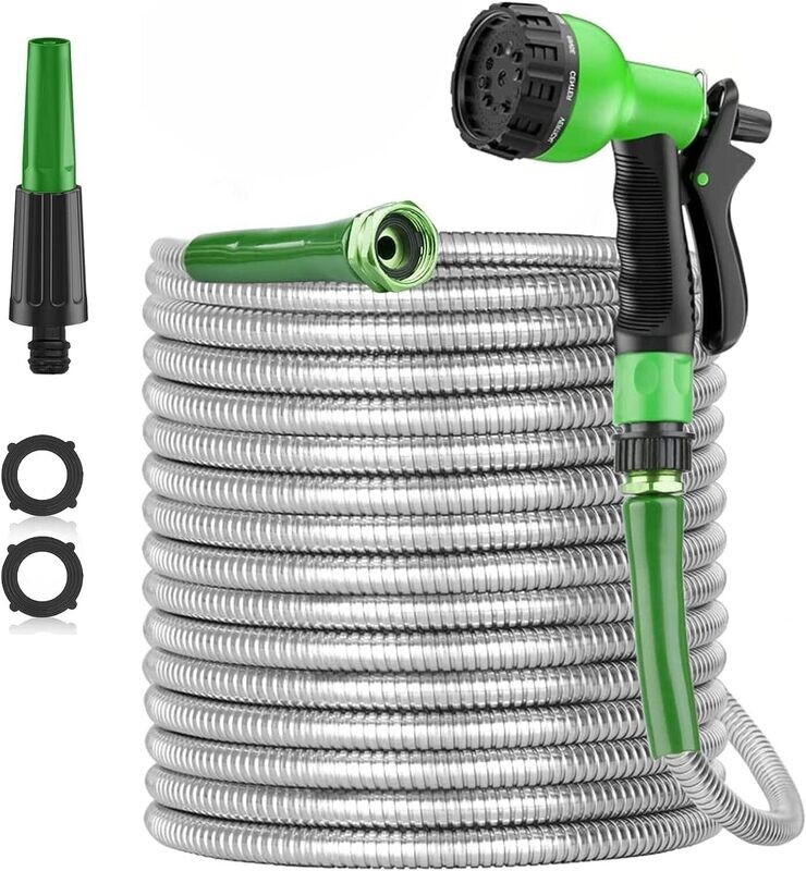 100ft Stainless Steel Garden Hose Pipe – Heavy-Duty Metal Water Hose with 2 Spray Nozzles for Yard and Outdoor Use