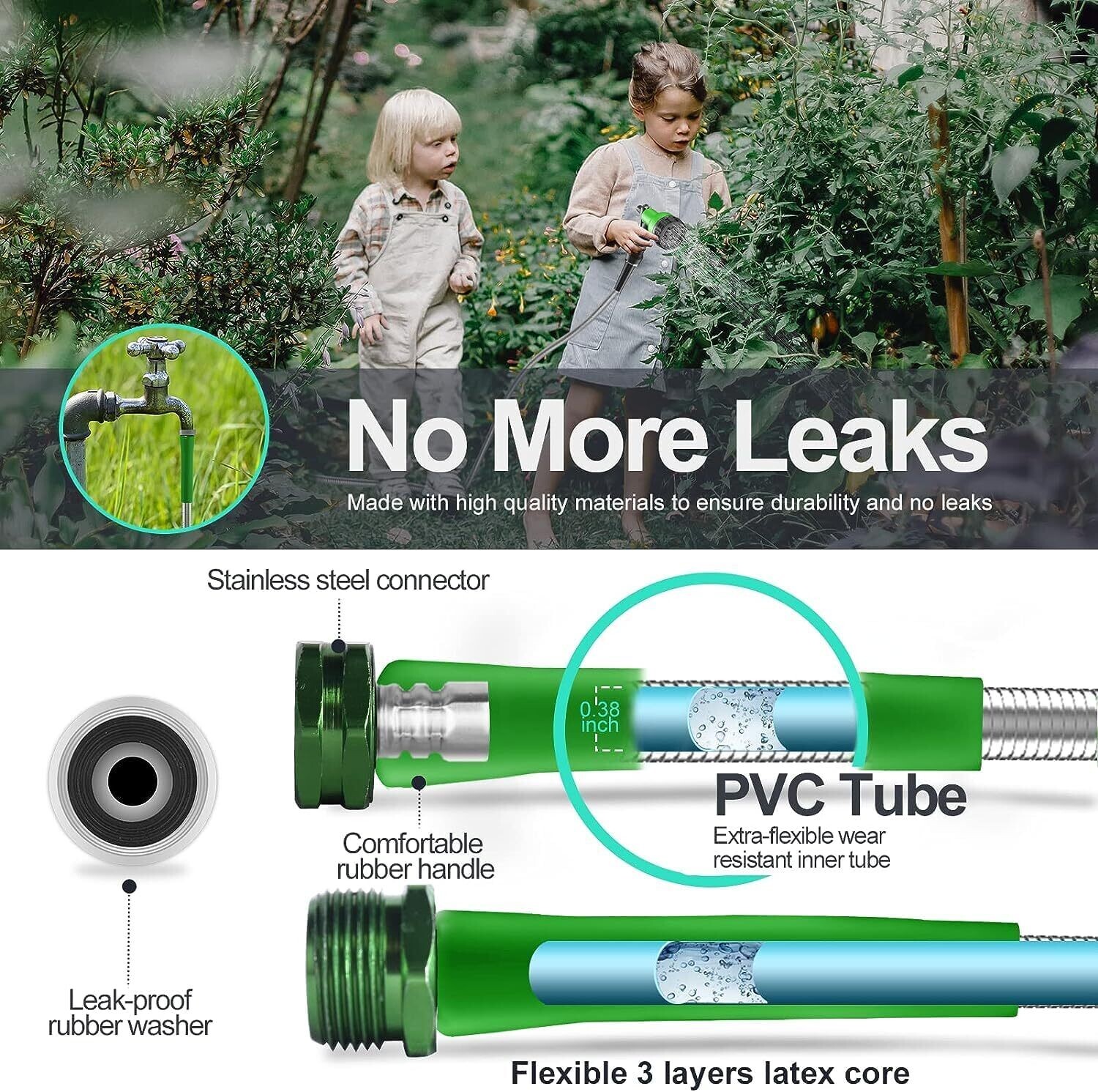 100ft Stainless Steel Garden Hose Pipe – Heavy-Duty Metal Water Hose with 2 Spray Nozzles for Yard and Outdoor Use