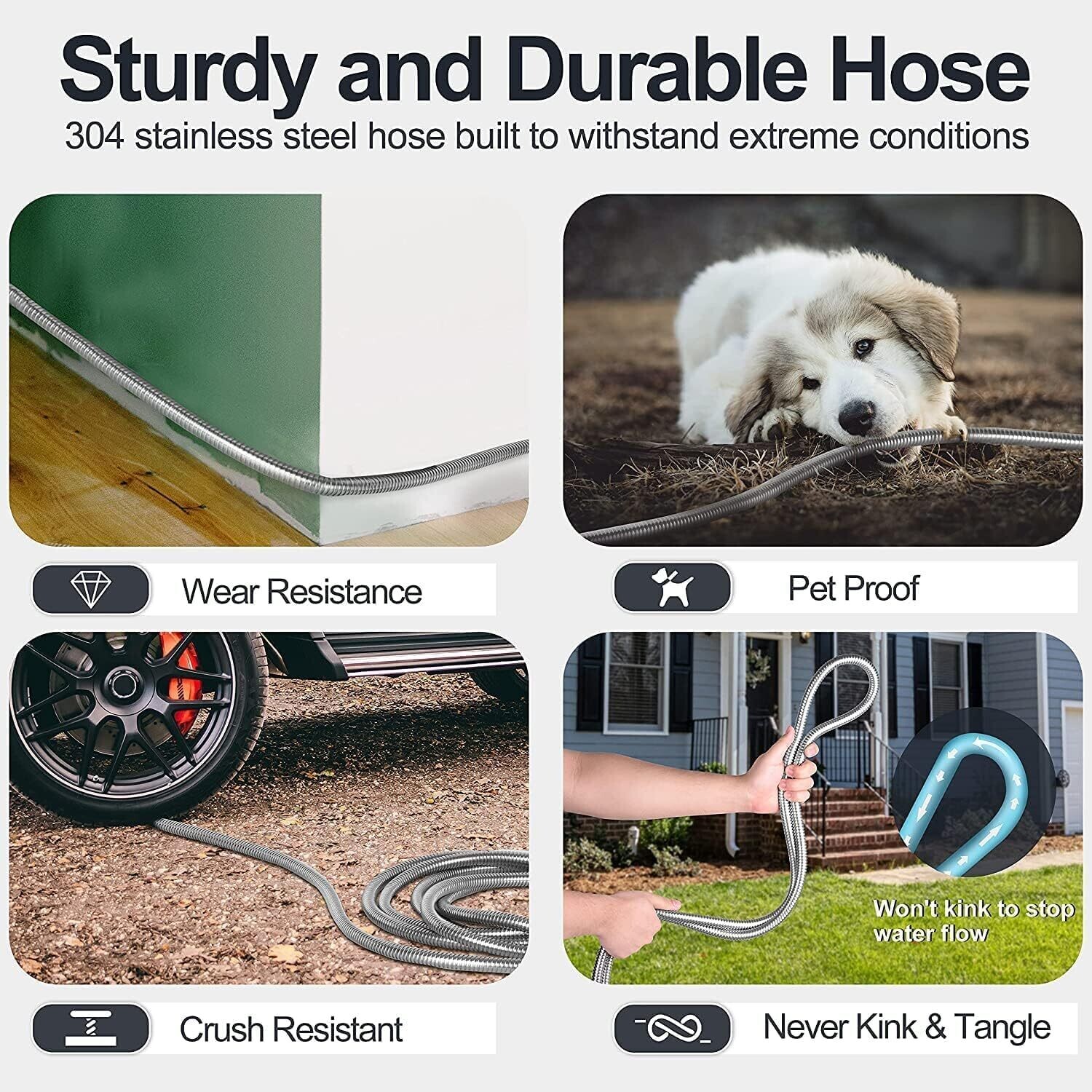 100ft Stainless Steel Garden Hose Pipe – Heavy-Duty Metal Water Hose with 2 Spray Nozzles for Yard and Outdoor Use