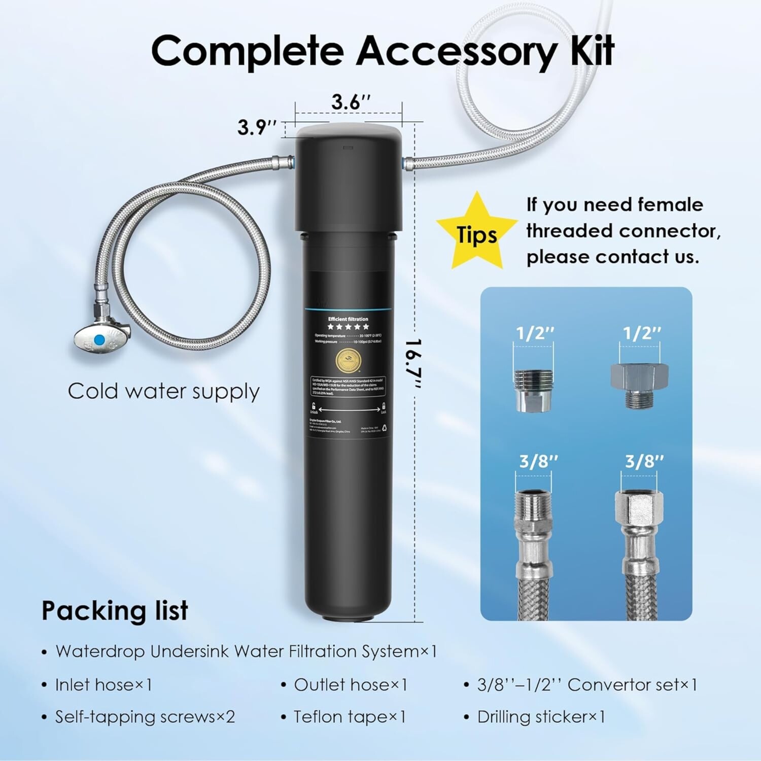 15UA Under Sink Water Filter System, 60K Liters High Capacity, Direct Connect to Kitchen Faucet for Clean and Fresh Drinking Water
