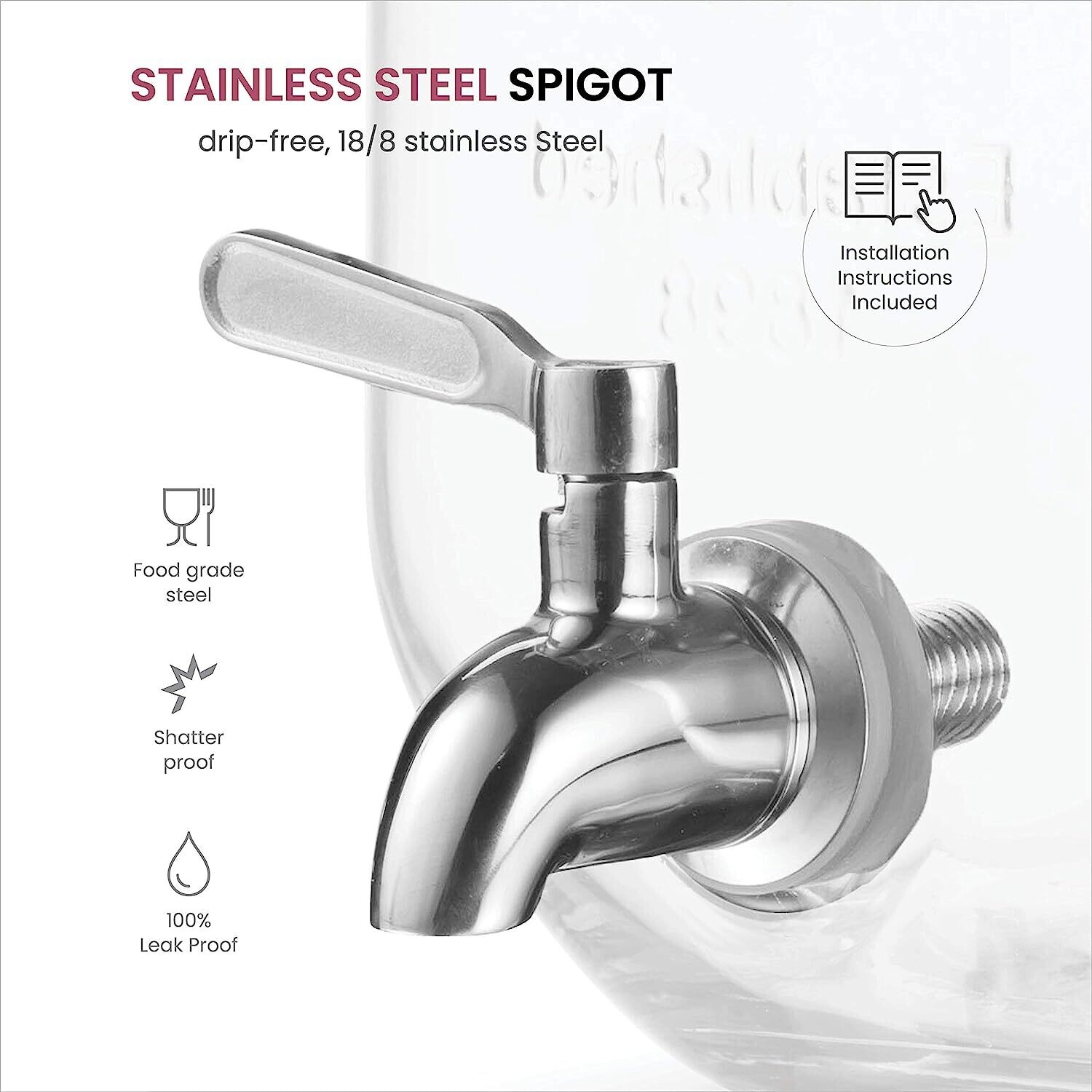 3.7L Glass Drink Dispenser with Stainless Steel Tap - Leak-Proof Beverage Dispenser with Built-In Ice Core for Chilled Drinks - Wide Mouth Design for Easy Filling and Cleaning