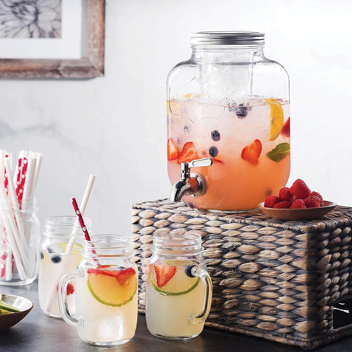 3.7L Glass Drink Dispenser with Stainless Steel Tap - Leak-Proof Beverage Dispenser with Built-In Ice Core for Chilled Drinks - Wide Mouth Design for Easy Filling and Cleaning