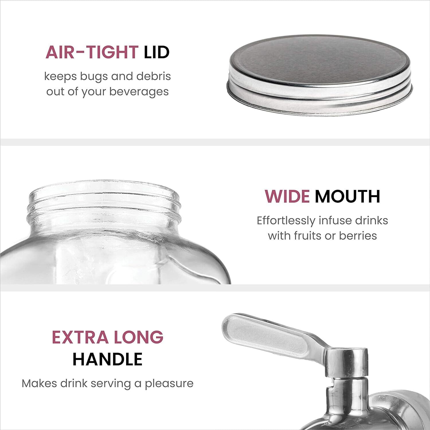 3.7L Glass Drink Dispenser with Stainless Steel Tap - Leak-Proof Beverage Dispenser with Built-In Ice Core for Chilled Drinks - Wide Mouth Design for Easy Filling and Cleaning