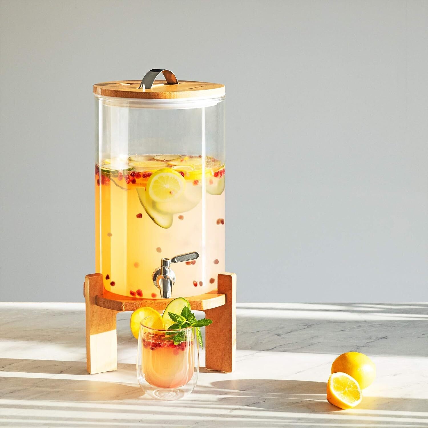 Drinks Dispenser with Tap, Lid, and Beechwood Stand – Ideal for Hot or Cold Beverages, Ice Water, and Party Use