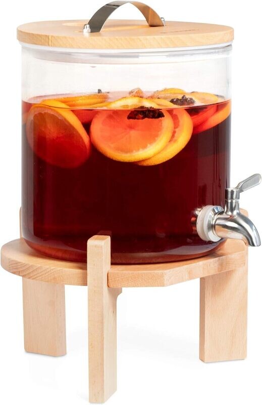 Drinks Dispenser with Tap, Lid, and Beechwood Stand – Ideal for Hot or Cold Beverages, Ice Water, and Party Use