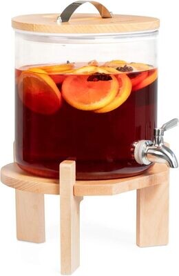 Drinks Dispenser with Tap Lid and Beechwood Stand for Hot or Cold Beverages, Ice Water for Parties