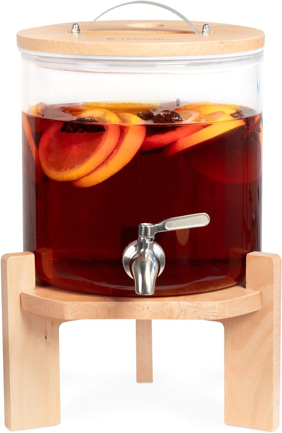 Drinks Dispenser with Tap, Lid, and Beechwood Stand – Ideal for Hot or Cold Beverages, Ice Water, and Party Use