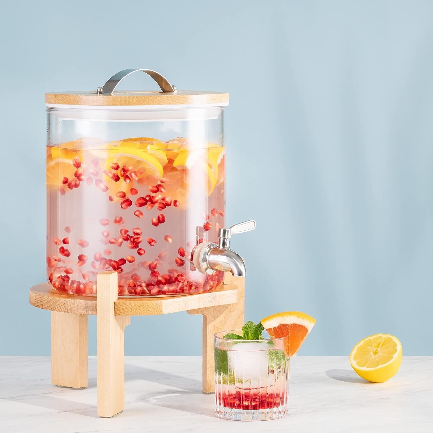 Drinks Dispenser with Tap, Lid, and Beechwood Stand – Ideal for Hot or Cold Beverages, Ice Water, and Party Use
