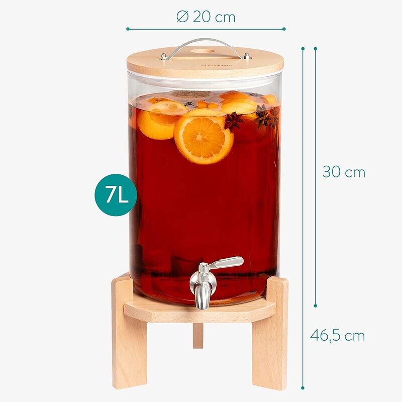 Drinks Dispenser with Tap Lid and Beechwood Stand for Hot or Cold Beverages, Ice Water for Parties