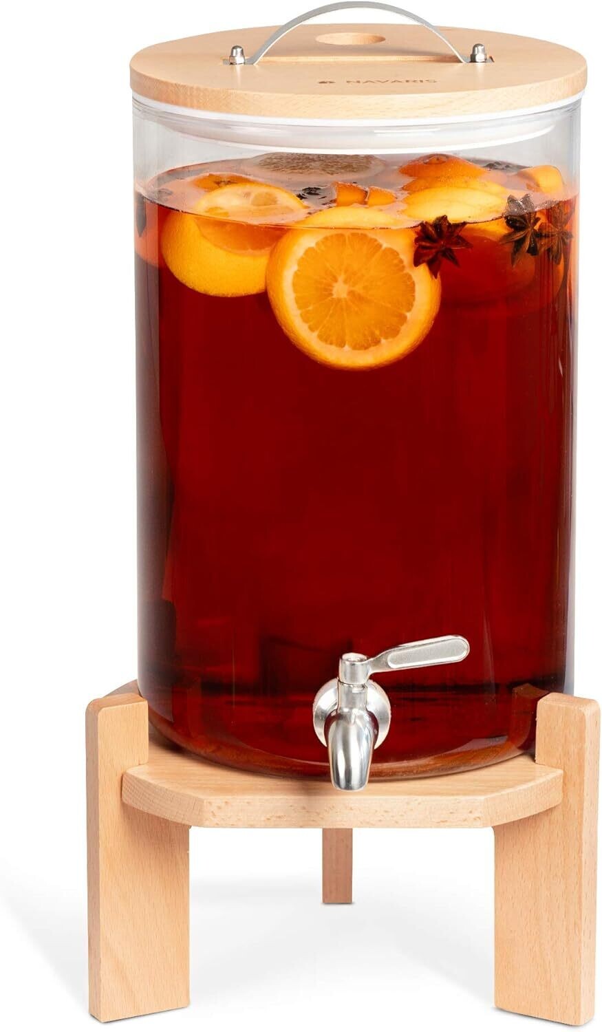 Drinks Dispenser with Tap, Lid, and Beechwood Stand – Ideal for Hot or Cold Beverages, Ice Water, and Party Use