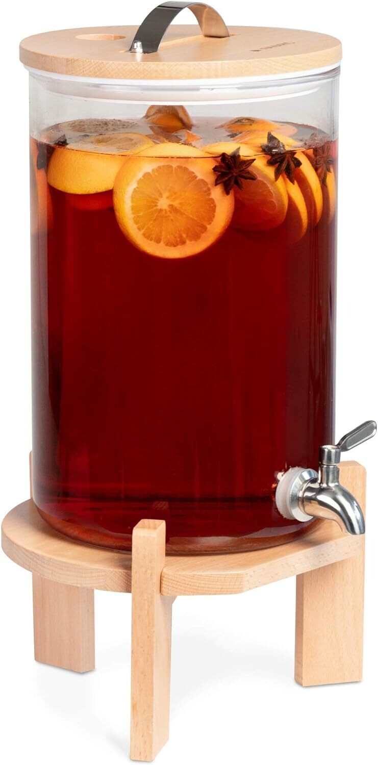Drinks Dispenser with Tap, Lid, and Beechwood Stand – Ideal for Hot or Cold Beverages, Ice Water, and Party Use