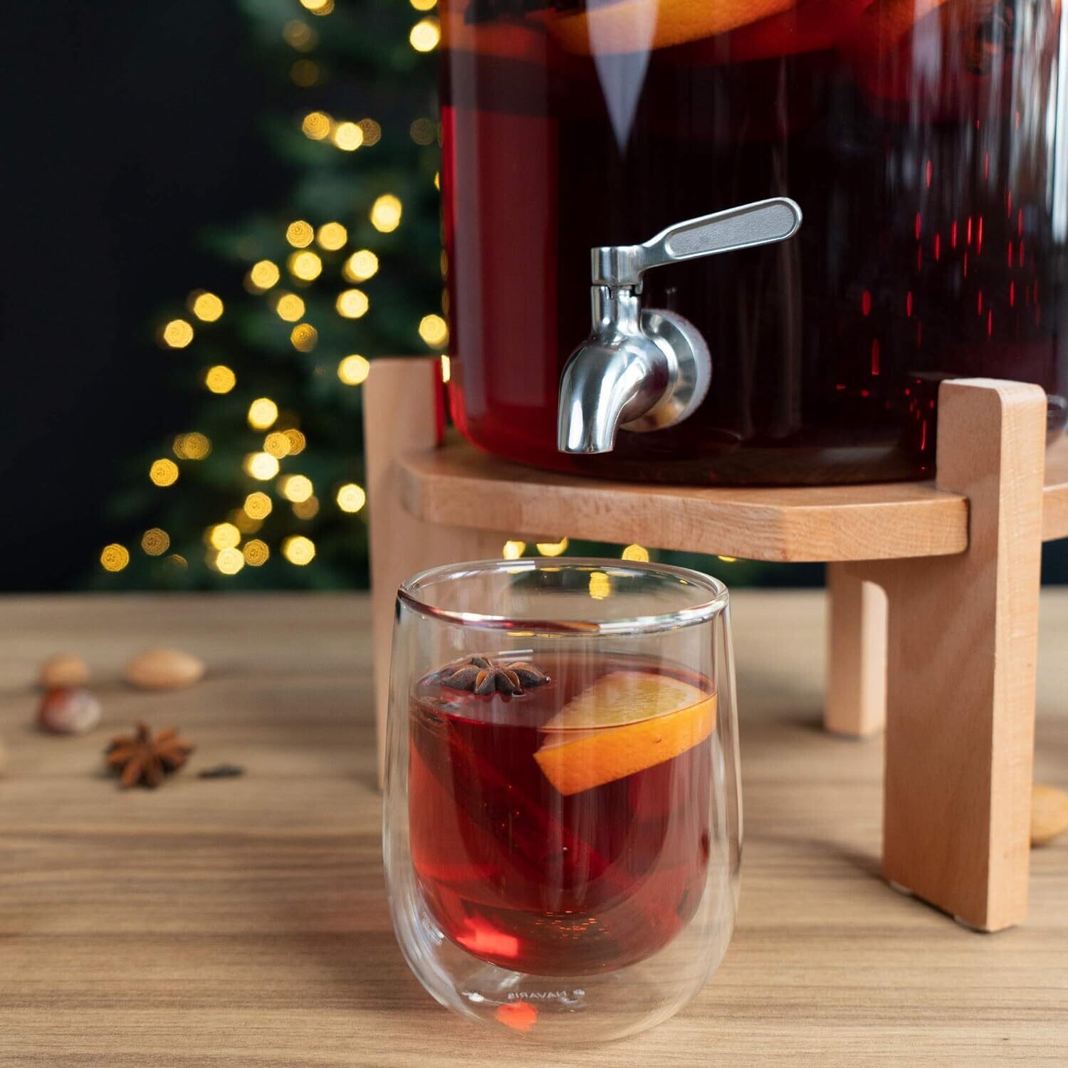 Drinks Dispenser with Tap, Lid, and Beechwood Stand – Ideal for Hot or Cold Beverages, Ice Water, and Party Use
