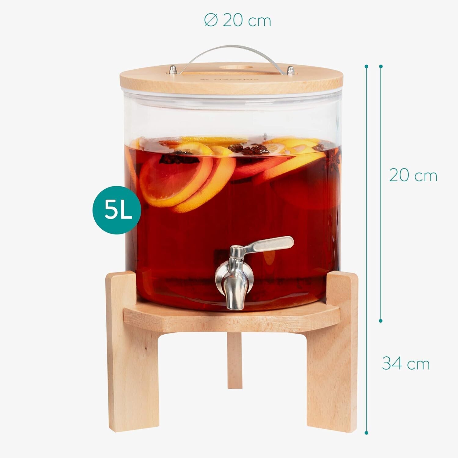Drinks Dispenser with Tap, Lid, and Beechwood Stand – Ideal for Hot or Cold Beverages, Ice Water, and Party Use
