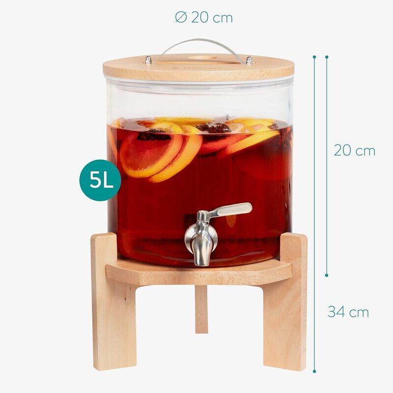 Drinks Dispenser with Tap Lid and Beechwood Stand for Hot or Cold Beverages, Ice Water for Parties