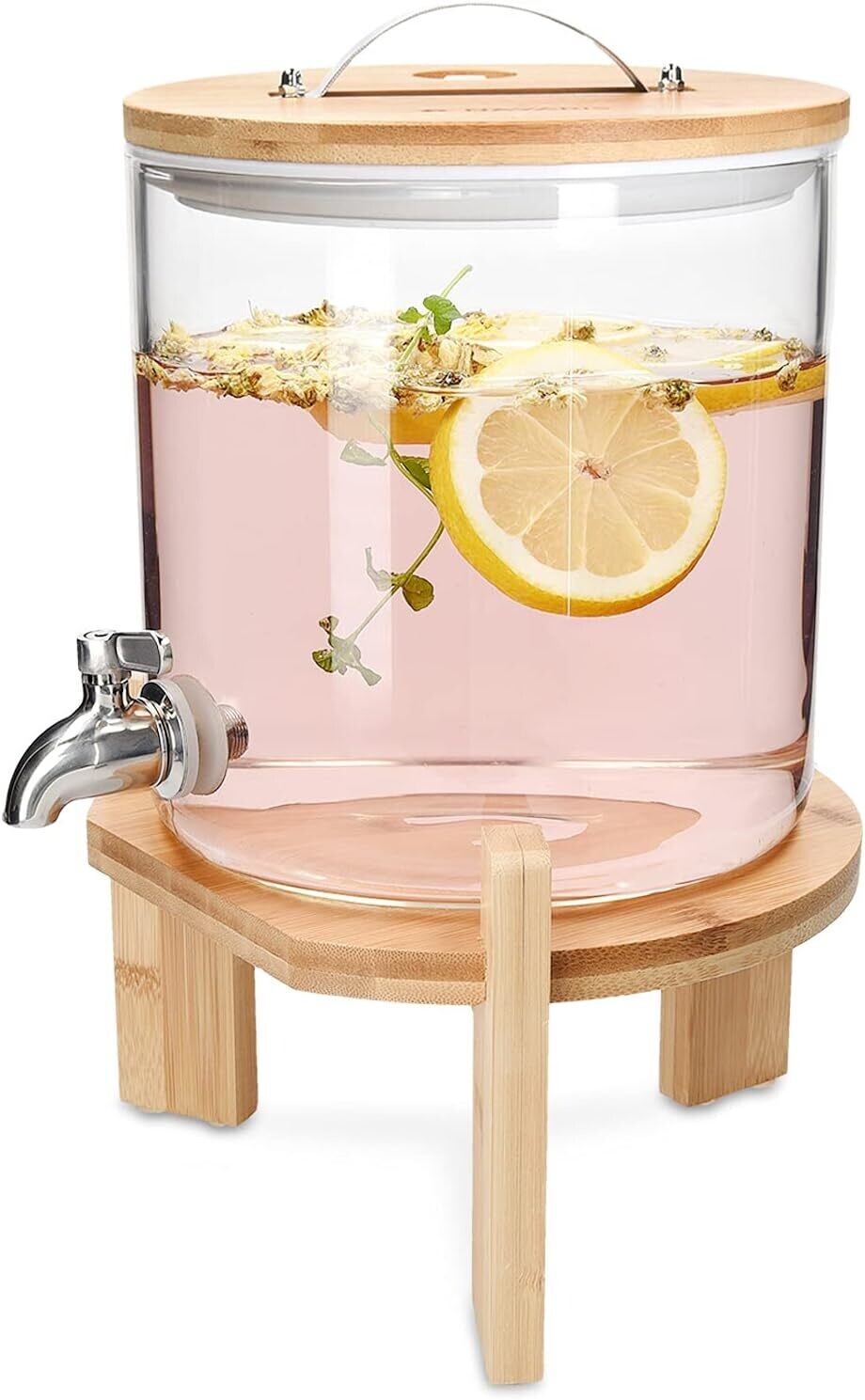 Drinks Dispenser with Tap Lid and Beechwood Stand for Hot or Cold Beverages, Ice Water for Parties