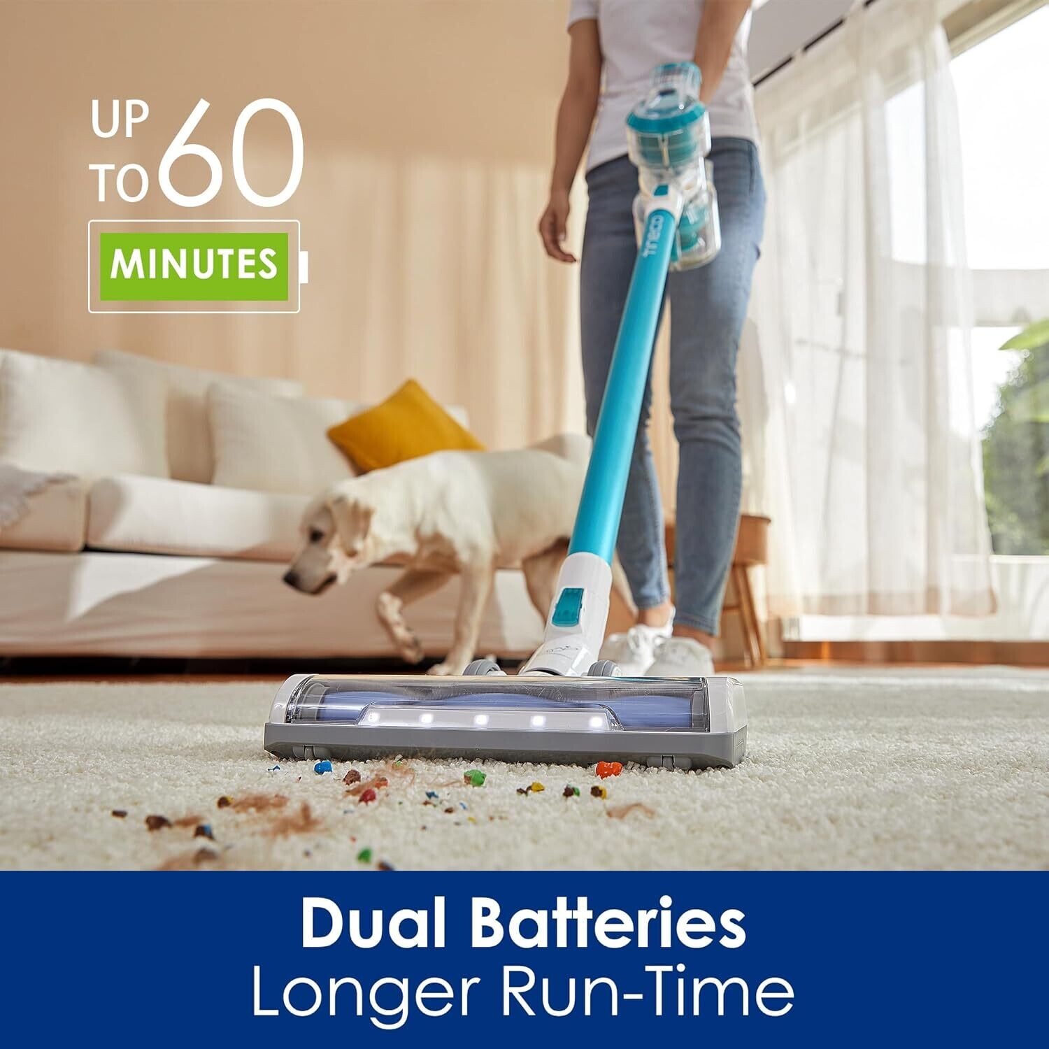 Ultra Powerful Suction, Stick Vacuum Cleaner with 2 LED Professional Brushes for Pet Hair Carpet Deep Clean-Twin Battery