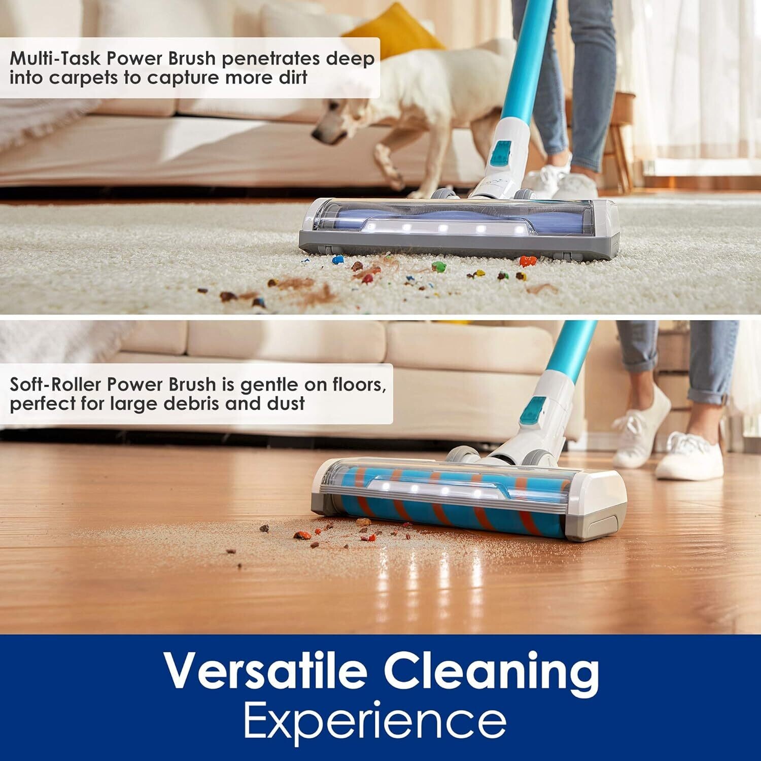 Ultra Powerful Suction, Stick Vacuum Cleaner with 2 LED Professional Brushes for Pet Hair Carpet Deep Clean-Twin Battery