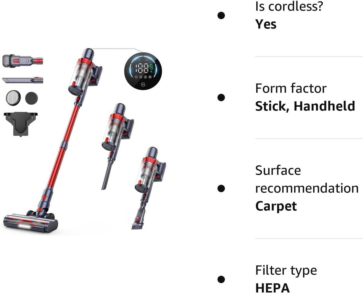 Cordless Vacuum Cleaner 4 in 1, Lightweight Handheld Vacuum for Hardwood Floors, Carpet, Pet Hair, Car, and Stairs Cleaning