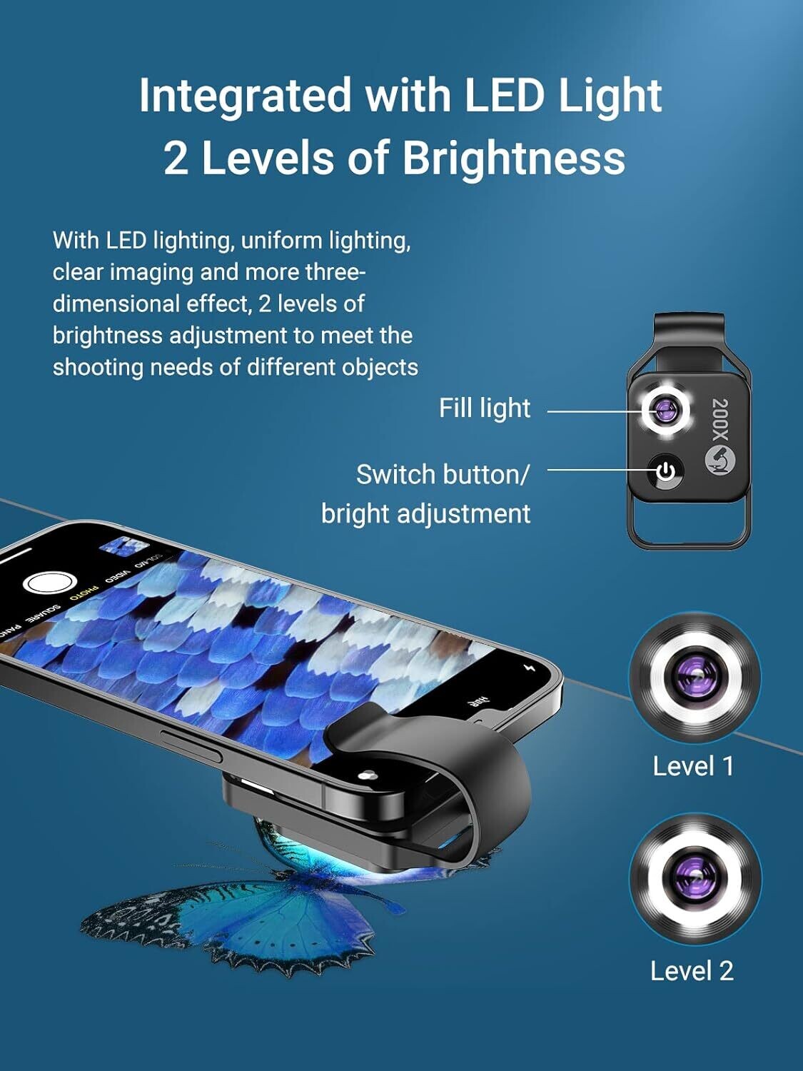 200X Phone Microscope Lens with LED Light - Portable Digital Microscope for Kids, Compatible with iPhone and Android Mobile Phones