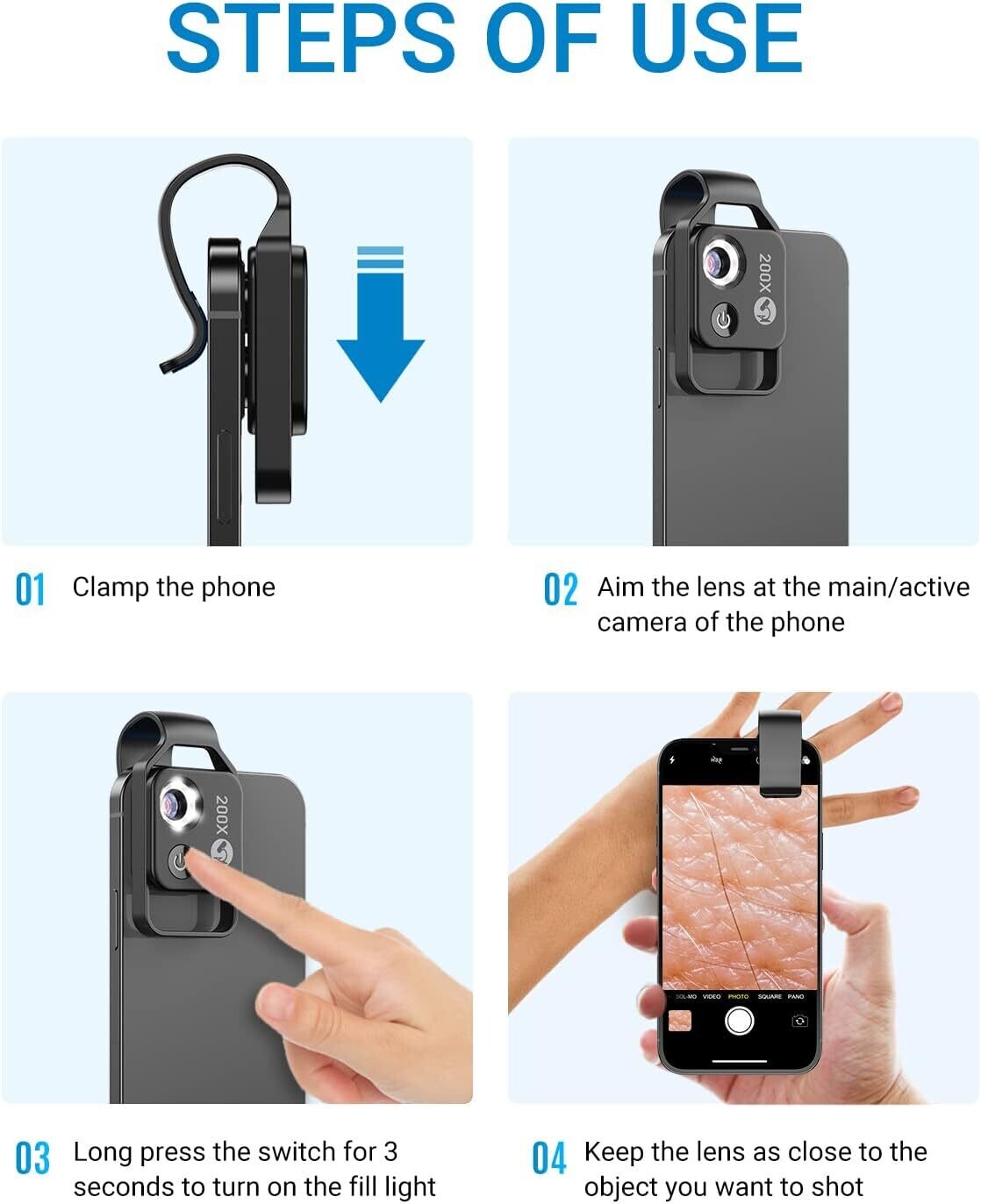 200X Phone Microscope Lens with LED Light - Portable Digital Microscope for Kids, Compatible with iPhone and Android Mobile Phones