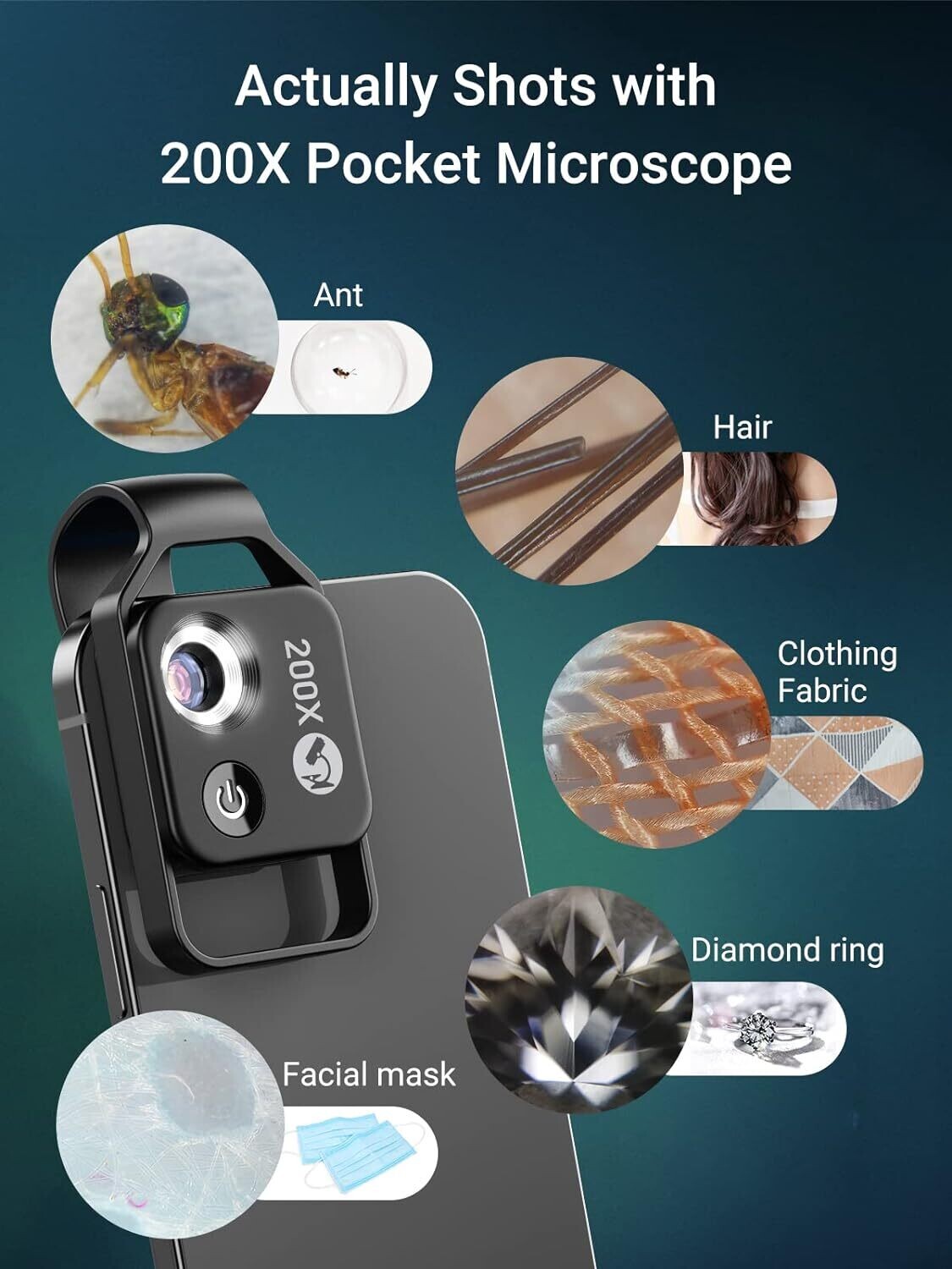 200X Phone Microscope Lens with LED Light - Portable Digital Microscope for Kids, Compatible with iPhone and Android Mobile Phones