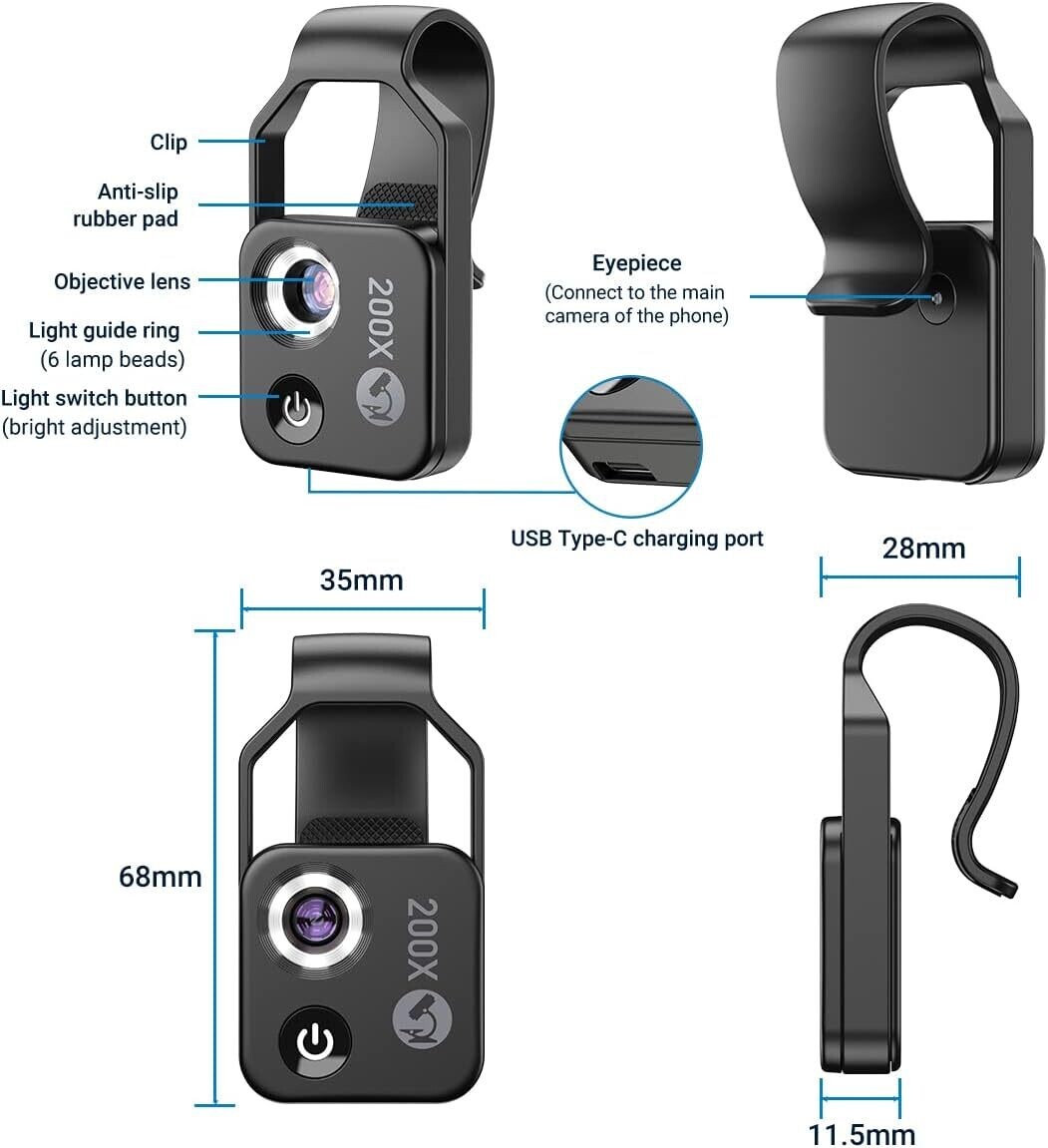 200X Phone Microscope Lens with LED Light - Portable Digital Microscope for Kids, Compatible with iPhone and Android Mobile Phones