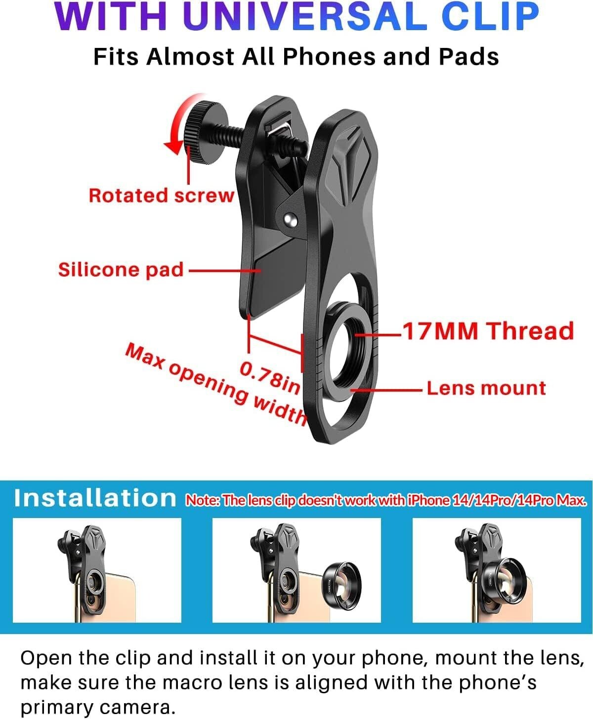 Professional Macro Lens for Smartphone HD Macro Lens Smartphone Compatible with iPhone, Pixels, Samsung Galaxy, Huawei, Xiaomi and Most Mobile Phones