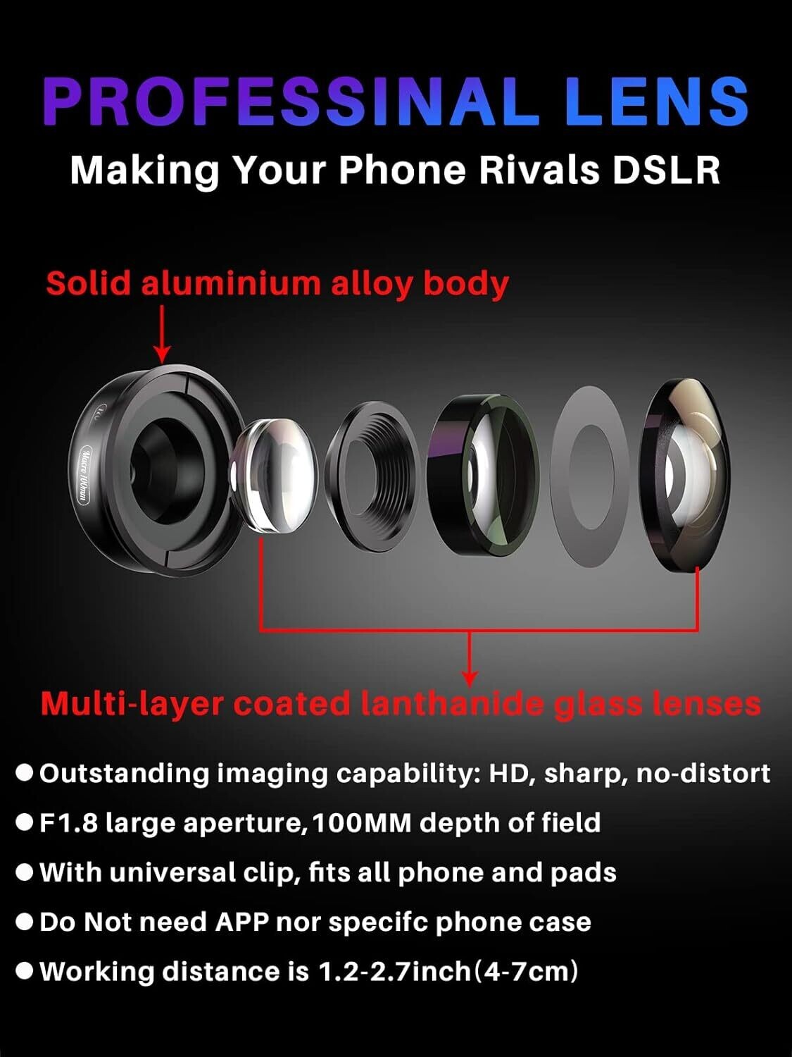Professional Macro Lens for Smartphone HD Macro Lens Smartphone Compatible with iPhone, Pixels, Samsung Galaxy, Huawei, Xiaomi and Most Mobile Phones