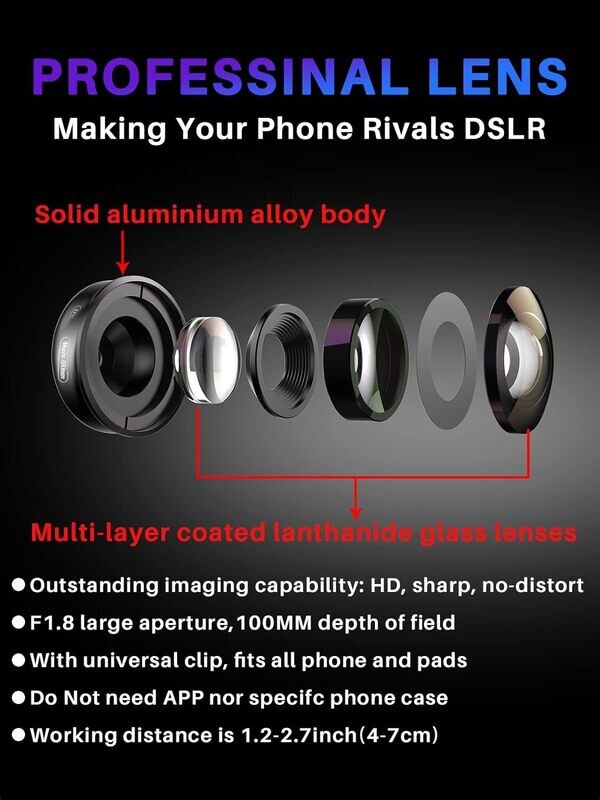Professional Macro Lens for Smartphone HD Macro Lens Smartphone Compatible with iPhone, Pixels, Samsung Galaxy, Huawei, Xiaomi and Most Mobile Phones