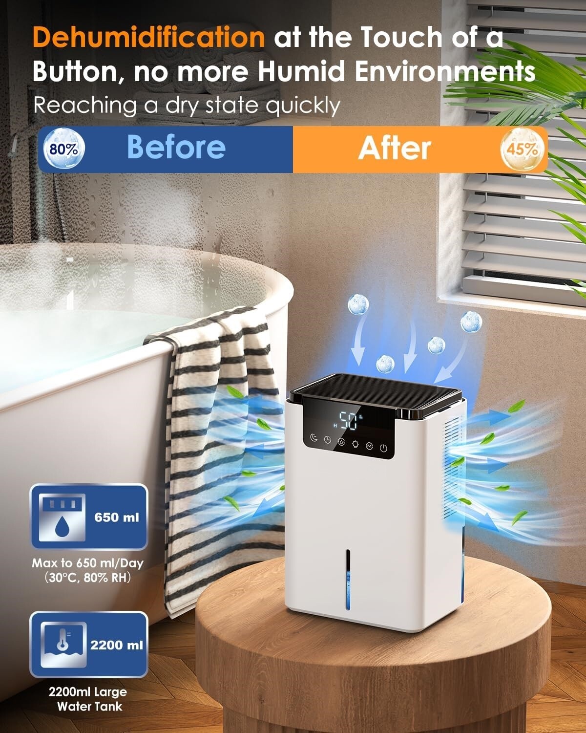 2.2L Ultra-Quiet Dehumidifier with Auto Defrost – Ideal for Drying Clothes, Bedroom &amp; Bathroom Use, 2 Working Modes