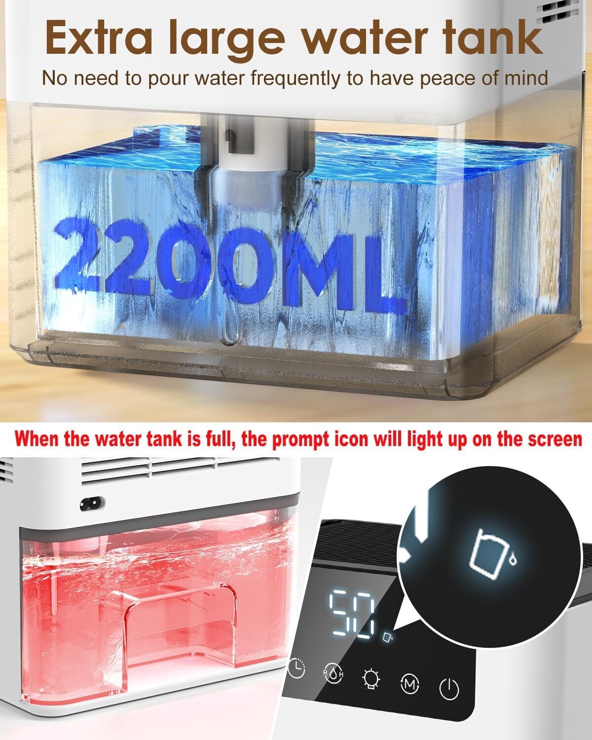2.2L Ultra-Quiet Dehumidifier with Auto Defrost – Ideal for Drying Clothes, Bedroom &amp; Bathroom Use, 2 Working Modes
