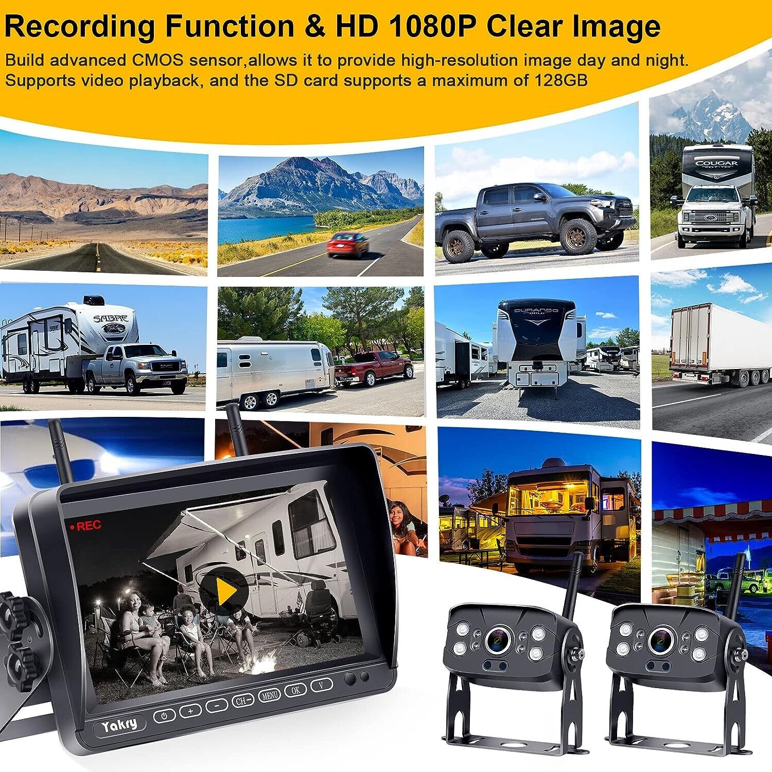 Wireless Reversing Camera Kit for Vans, HD 2 Rear View Cameras System, 7-inch DVR Waterproof Night Vision Car Reverse Camera for Caravan Motorhome Campervan