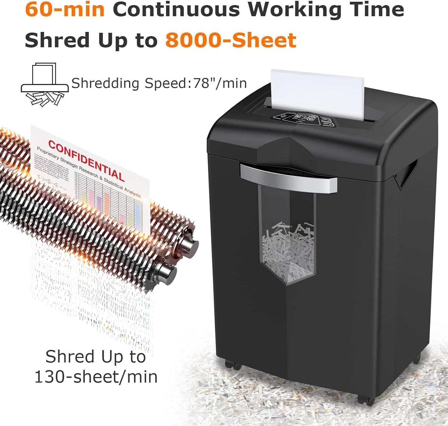 60-Minute Heavy-Duty Shredder Machine for Office Use - Shreds Credit Cards, Staples, and Clips with Pullout Basket and 4 Casters for Easy Mobility