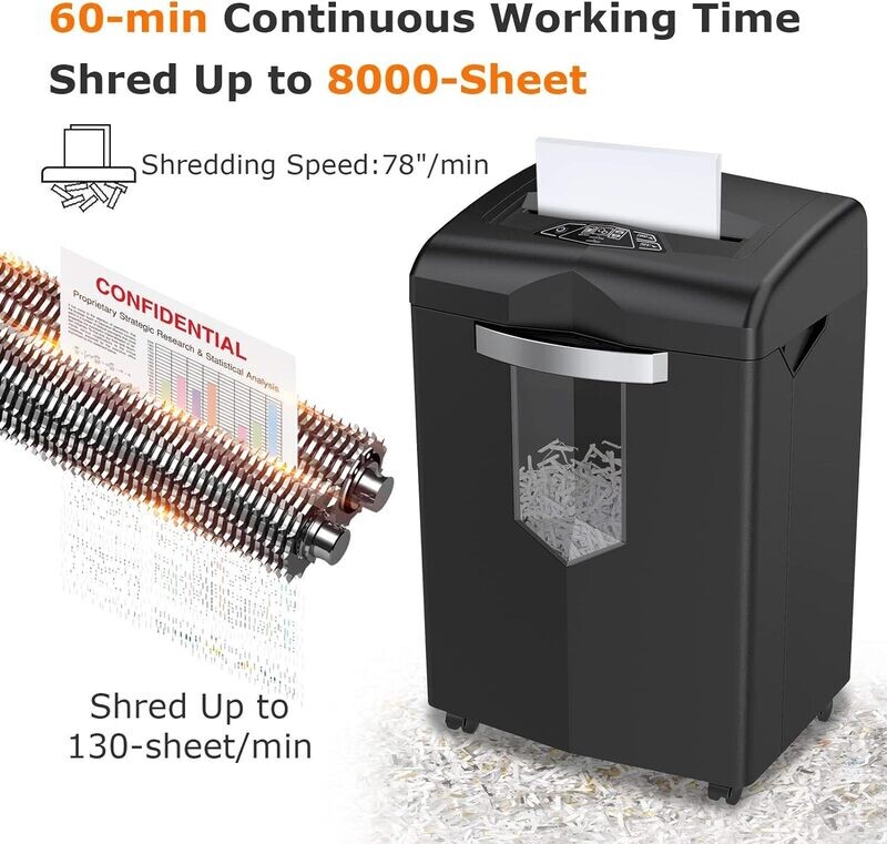 60 Minutes Heavy Duty Shredder Machine for Office Use with Pullout Basket &amp; 4 Casters,Shreds Credit Cards/Staples/Clips